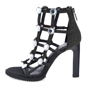 Karl Lagerfeld Stiletto Sandals 5 Crystal Denim Bling Party Sexy Black Beatriz